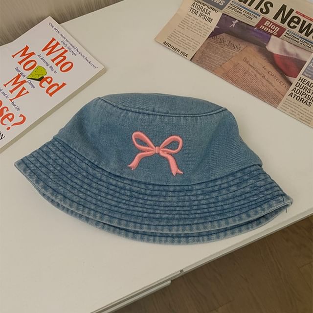 Denim Bucket Embroidered Bow Hat