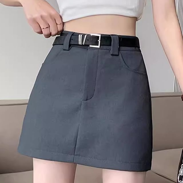 High Set: Mini Plain Belt Waist + Skirt A-Line