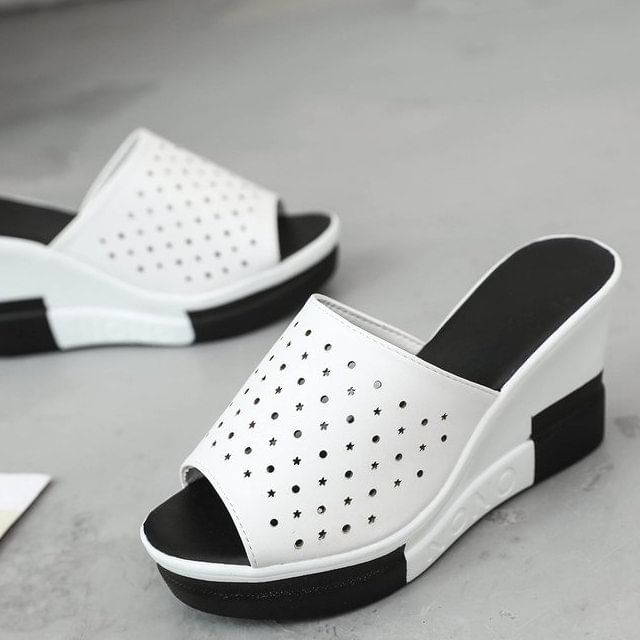 Sandals Slide Wedge Pointelle Plain