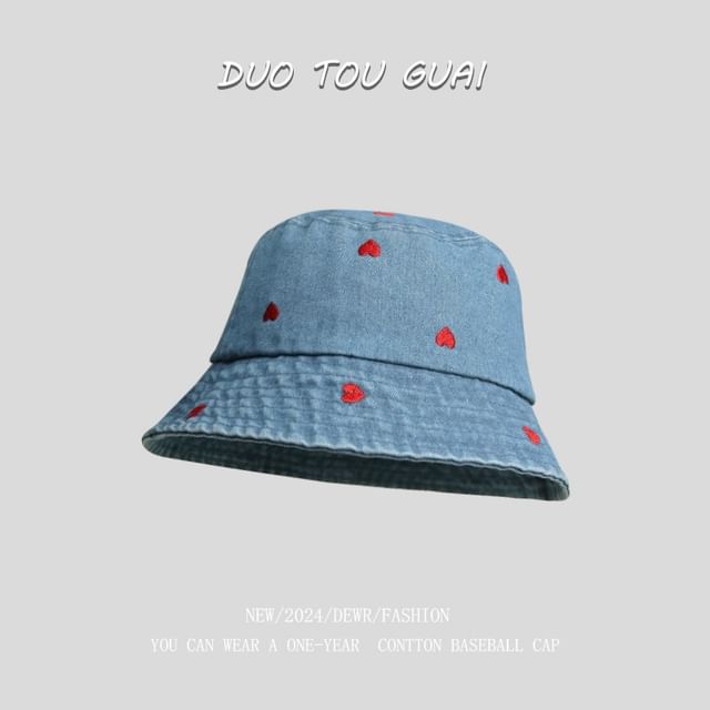 Embroidered Hat Washed Heart Bucket Denim