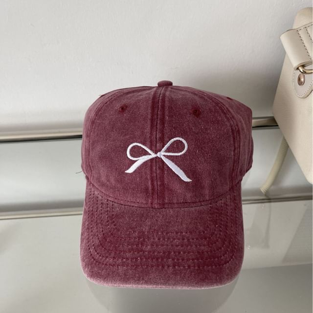 Washed Cap Bow Embroidered Baseball
