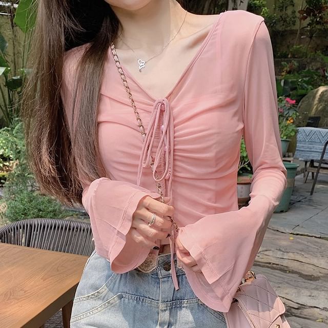 / Plain Top Long-Sleeve Camisole Sheer V-Neck