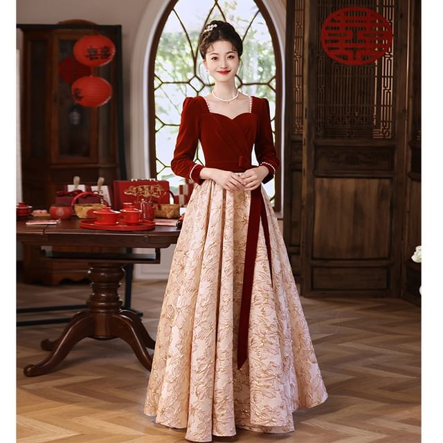 Square Panel A-Line Velvet Dress Neck Evening Gown Long-Sleeve Jacquard / Cocktail
