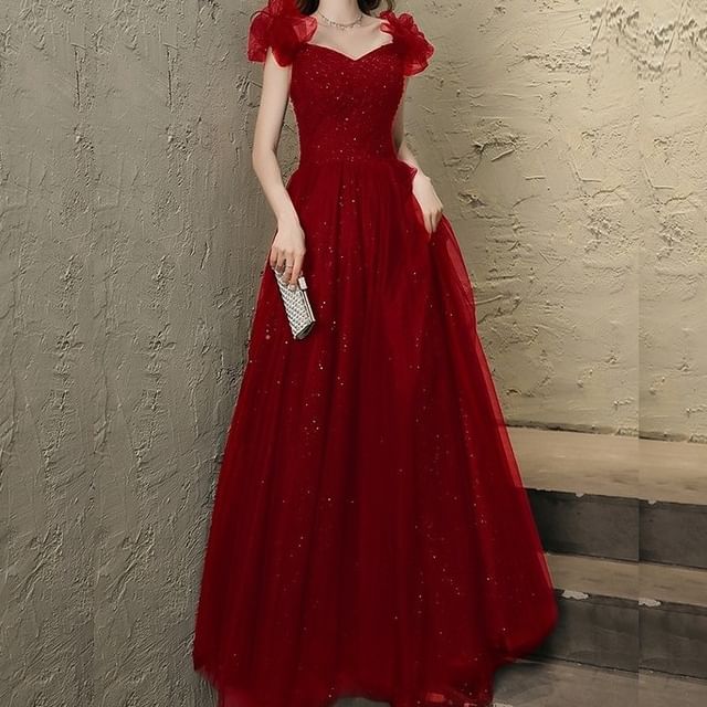 Square Beaded A-Line Gown Neck Evening Mesh Sleeveless Plain