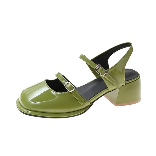 Pumps Slingback Square Leather Toe Heel Block Mary Jane Patent D'Orsay
