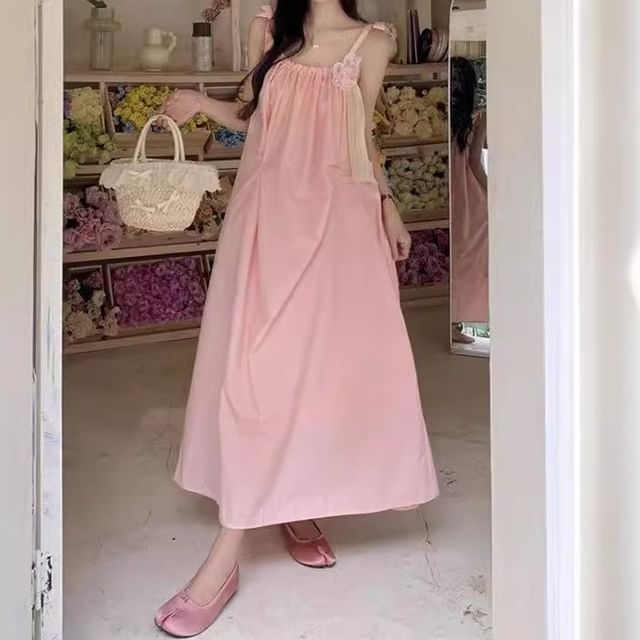 Detail Plain Flower Spaghetti Maxi Strap Sundress