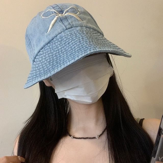 Cap Embroidered Bow Wide Brim Denim Washed