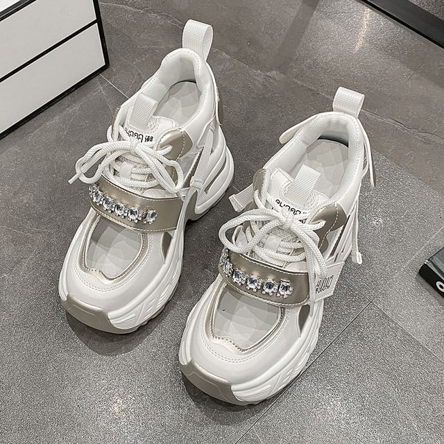 Platform Wedge Rhinestone Hidden Sneakers Cutout Panel