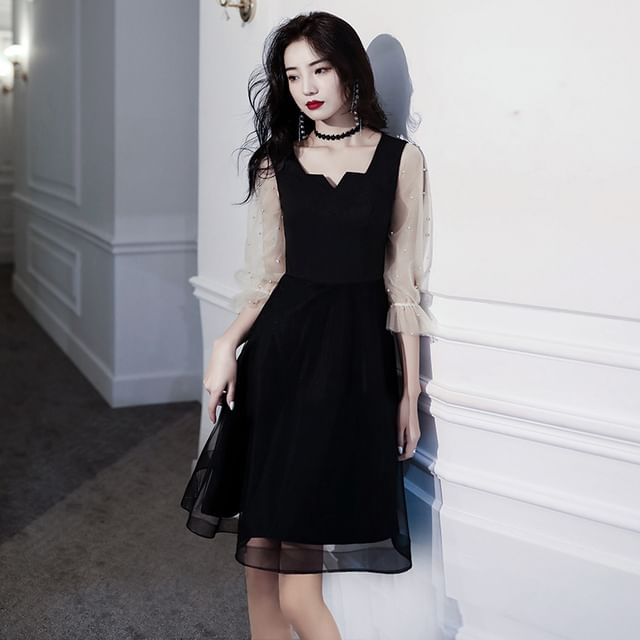 / Gown A-Line Pearl Square-Neck Cocktail Puff-Sleeve Mesh Paneled Evening Faux Dress