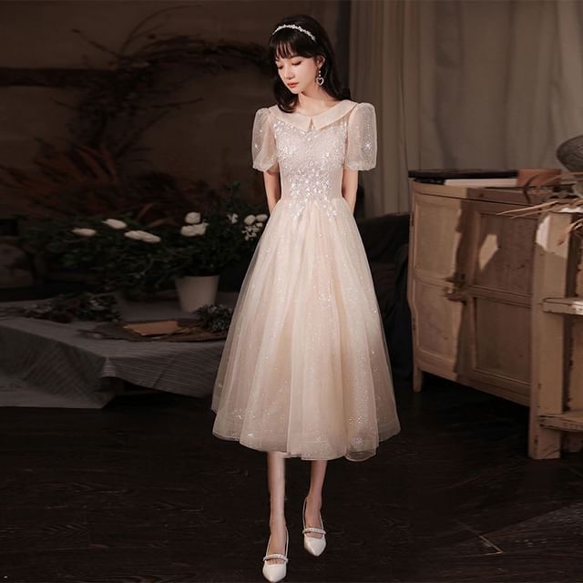 Evening Designs) Gown (Various Puff-Sleeve Floral Sequined Square-Neck A-Line