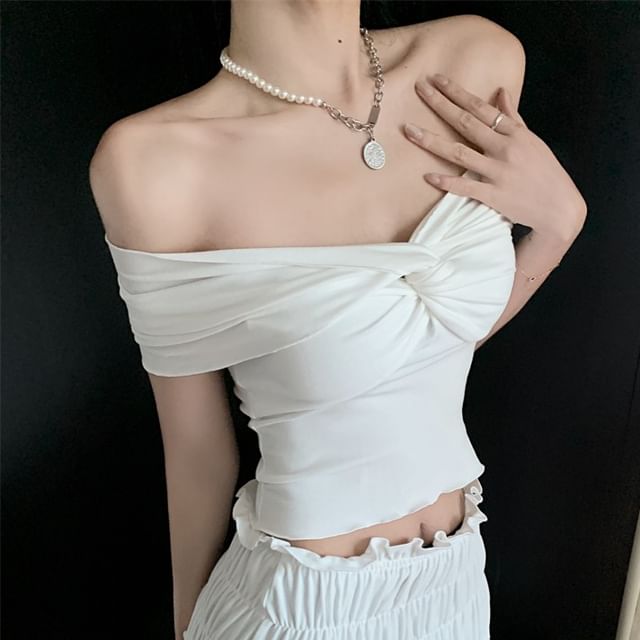 Rise Plain Shoulder Twist / Off Ruched Midi Top Skirt A-Line