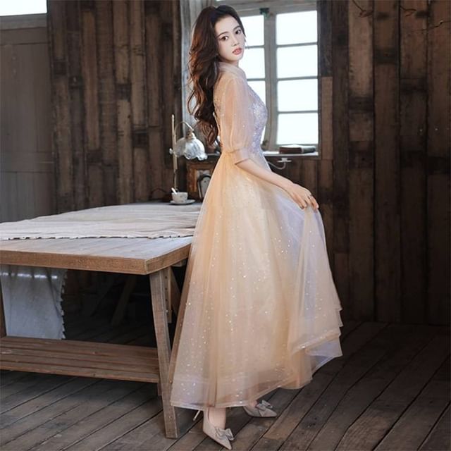 Mesh Gown Dress Floral A-Line Short-Sleeve / Evening