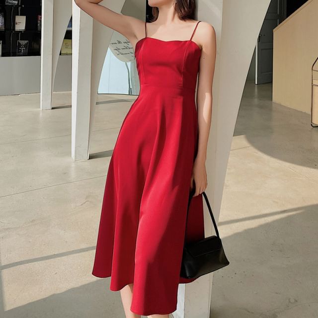 Spaghetti V-Neck Back Strap Open Dress Midi Plain A-Line