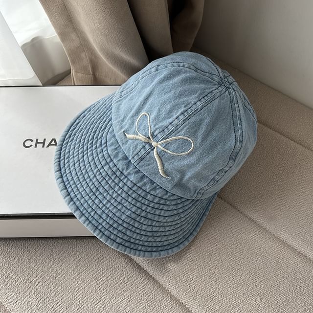 Washed Embroidered Denim Brim Bow Cap Wide