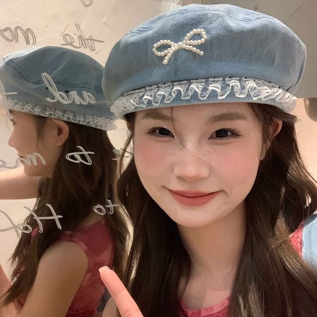 Trim Denim Faux Pearl Lace Beret Bow