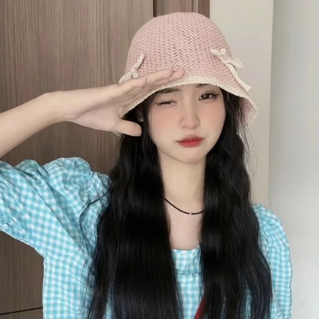 Knit Cloche Hat Bow Trim Contrast