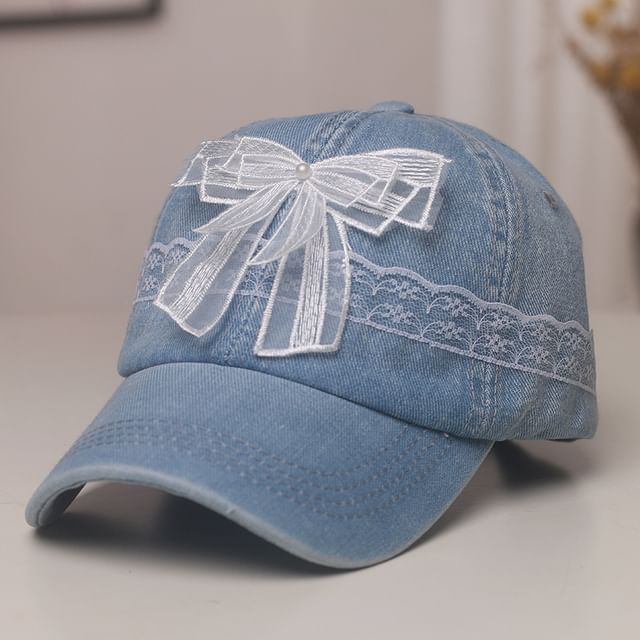 Pearl Baseball Trim Faux Denim Cap Lace Bow