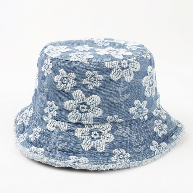 Print Bucket Denim Hat Floral Washed Frayed