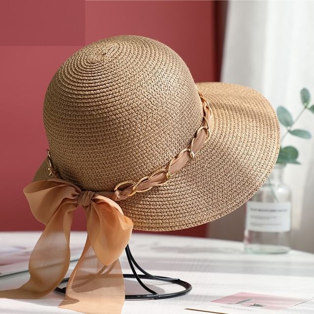 Sun Straw Bow Chained Hat