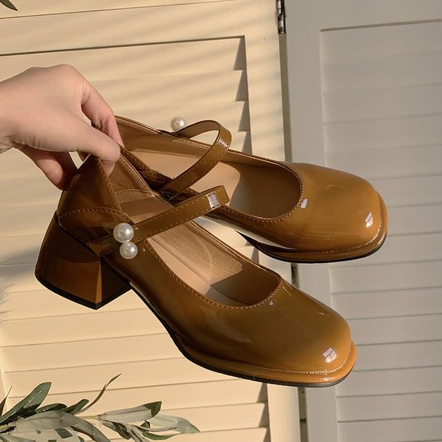 Heel Jane Mary Block Faux Pearl Pumps