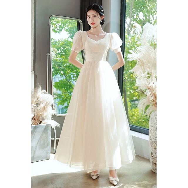 Evening Dress A-Line Short-Sleeve Party Gown / Glitter V-Neck