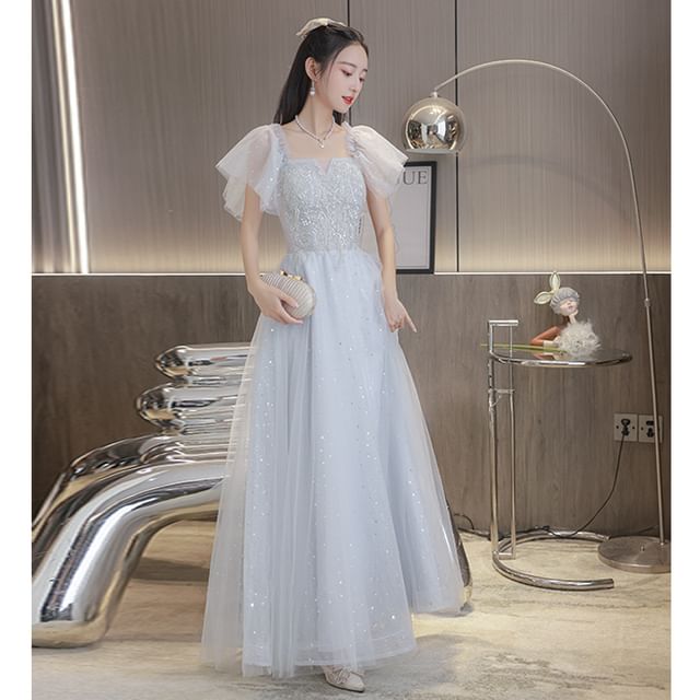 Square Plain Gown (Various A-Line Designs) Short-Sleeve Neck Evening