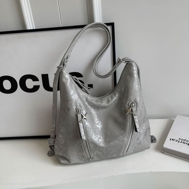 Plain Chain Leather Backpack Strap Zipped Faux