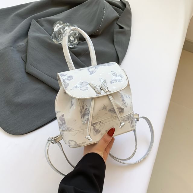 Butterfly Print Flap Faux Backpack Leather