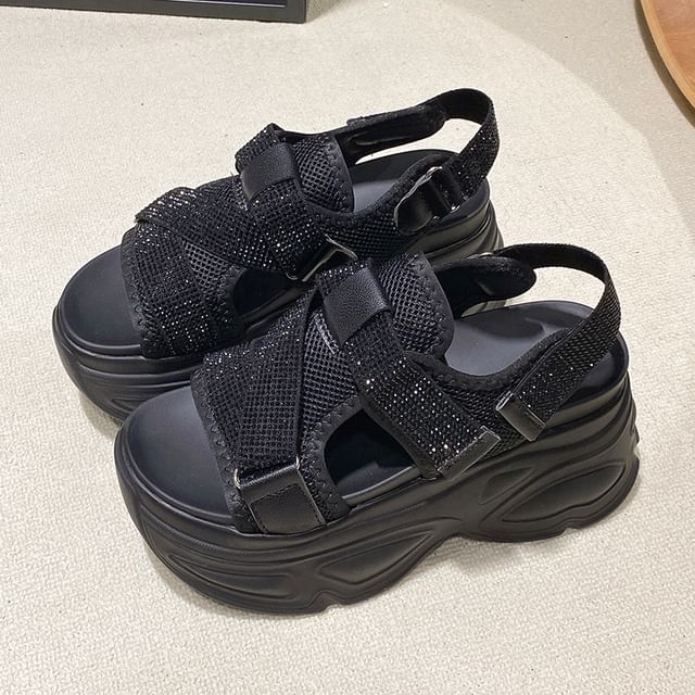 Sandals Strap Rhinestone Adhesive Mesh Platform Slingback