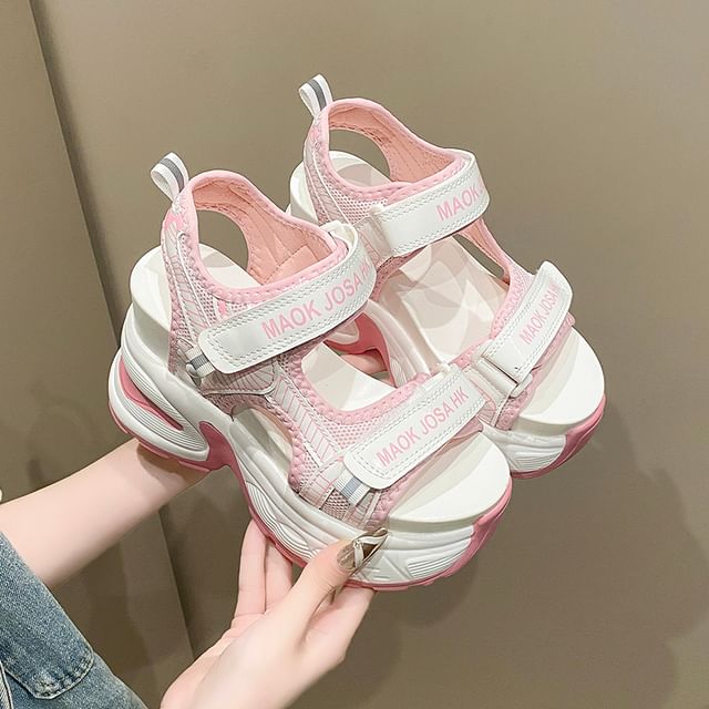 Mesh Adhesive Sandals Slingback Strap Wedge Heel Print Lettering