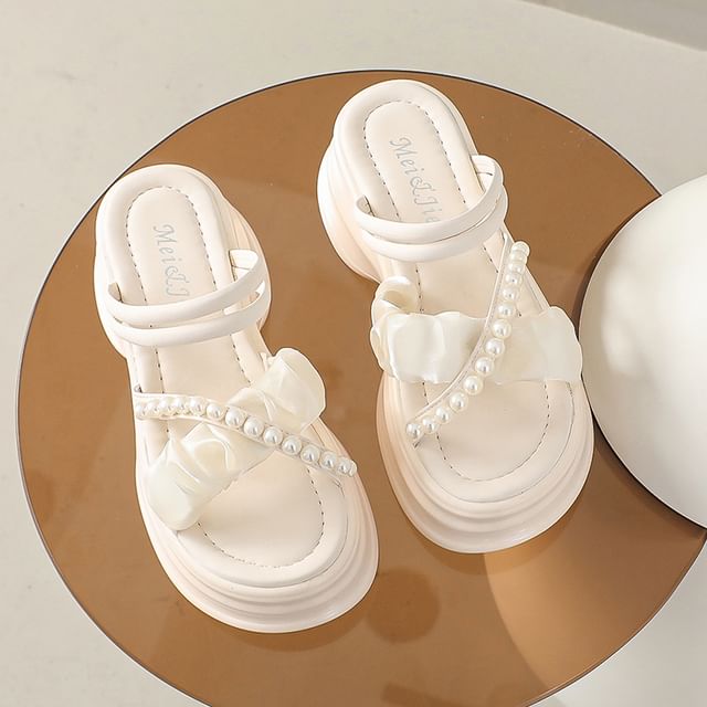 Cross Pearl Strap Sandals Faux Accent Ruched Platform