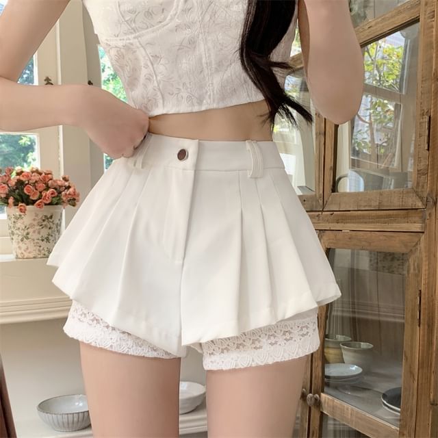High Waist Panel Plain Lace Shorts Pleated
