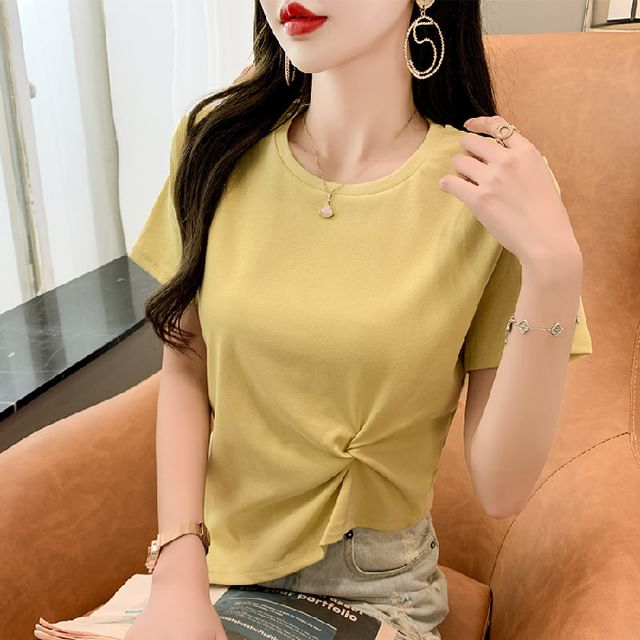Ruched Neck Plain Asymmetrical Short-Sleeve T-Shirt Crew