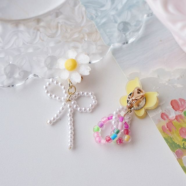 Drop On Clip / Beaded Asymmetrical Flower Earring