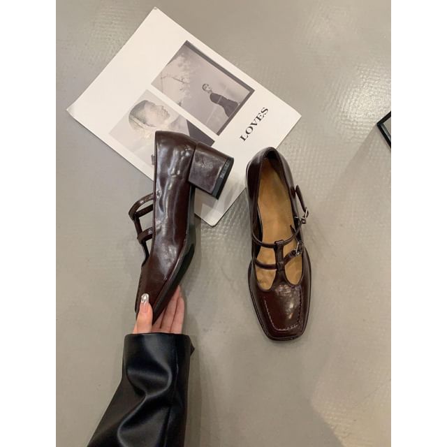 Heel Square Jane Mary Plain Chunky T-Strap Pumps Toe