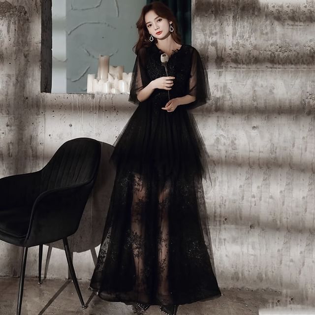 Gown Flared-Sleeve Flower A-Line Evening Embroidered