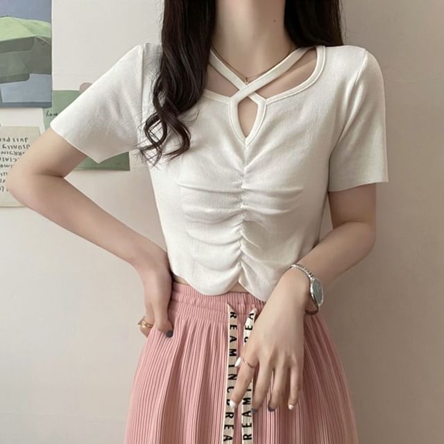 Notch Cross Plain Top Criss Short-Sleeve Neck Knit Ruched