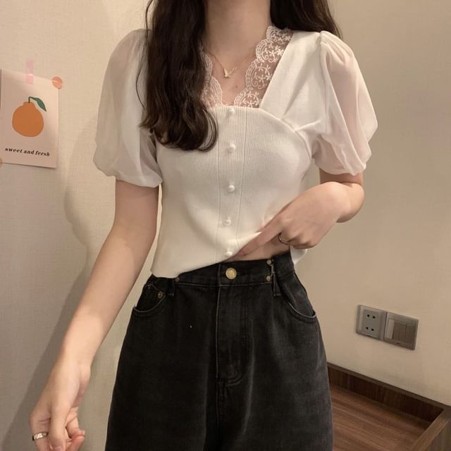 Embroidered Short-Sleeve Button V-Neck Panel Top