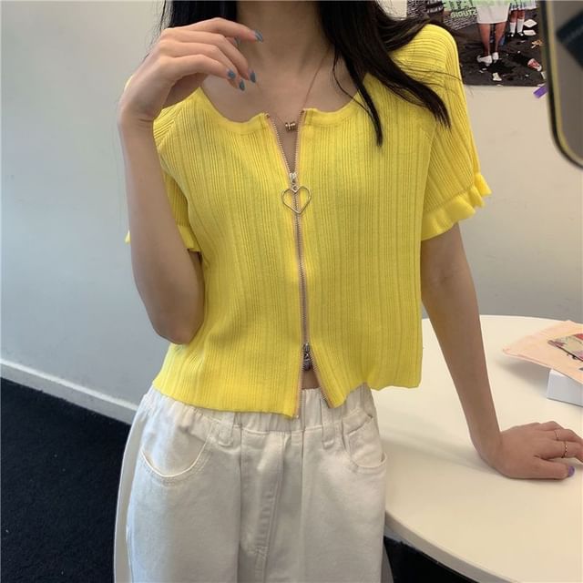 Plain Round Neck Cardigan Ribbed Short-Sleeve Zip