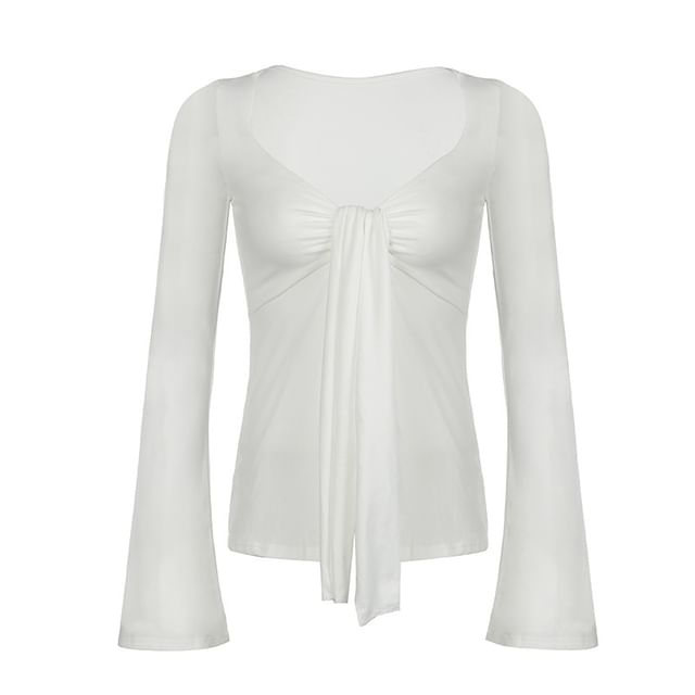 Tie-Front Sleeve Crop V-Neck Long Top Plain
