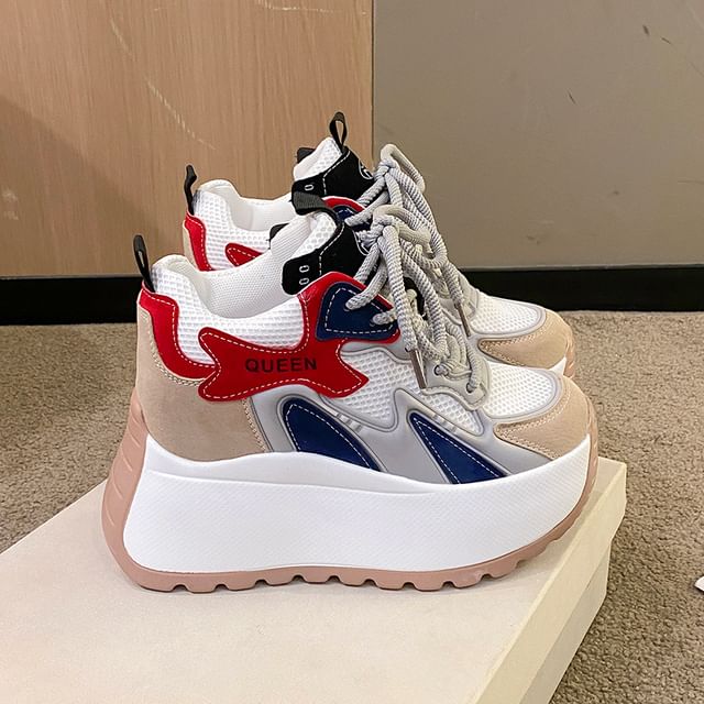 Lace-Up Panel Platform Mesh Sneakers