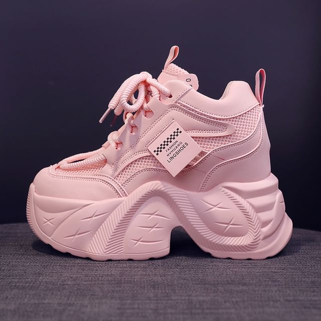 Mesh Panel Platform Sneakers Lace-Up