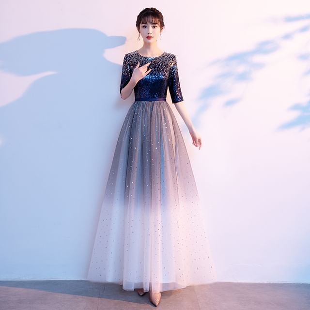 Gradient Sequin Elbow-Sleeve Evening Gown A-Line