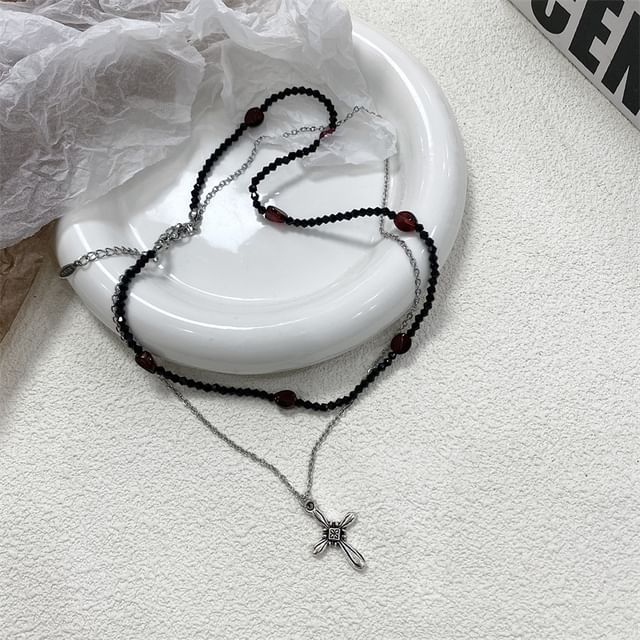 / Choker Rhinestone Faux Leather Cross Necklace