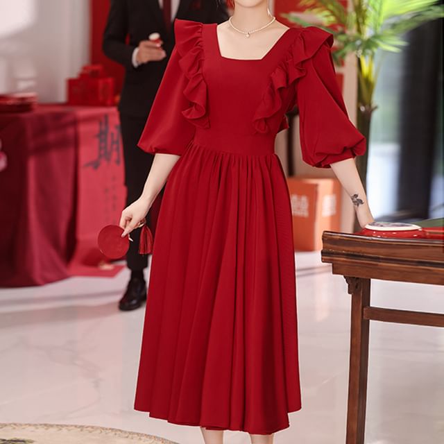 A-Line Square Neck Midi Ruffle Plain Cocktail Trim 3/4-Sleeve