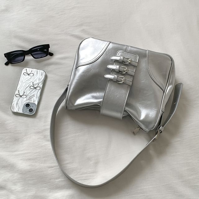 Bag Buckled Plain Leather Faux Shoulder