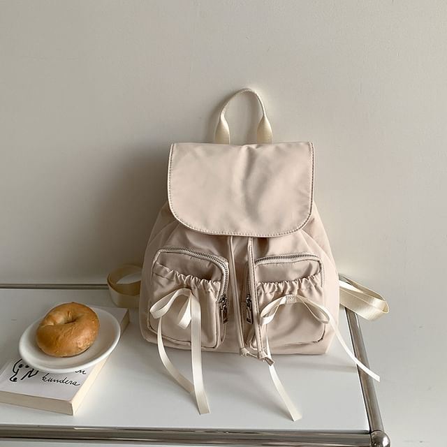 Flap Accent Plain Nylon Drawstring Bow Backpack