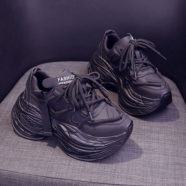 Leather Faux Platform Plain Sneakers Lace-Up