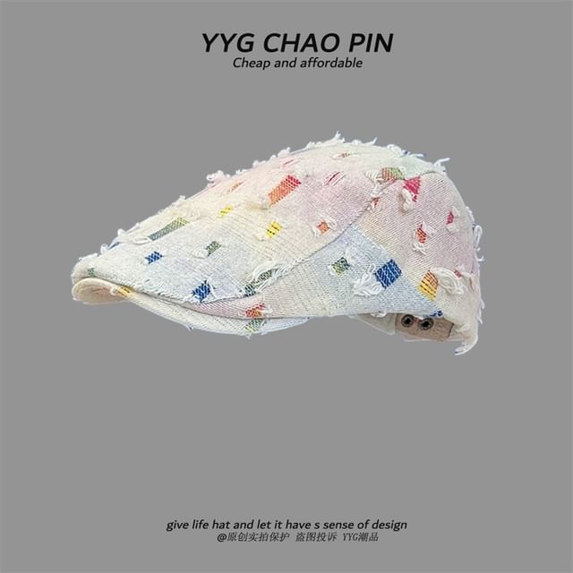 Star Cap Gradient Print Newsboy / Fringed Distressed Denim Trim