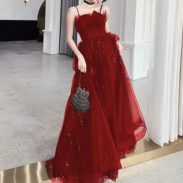 Sequin Gown Spaghetti A-Line Mesh Neck Strap Evening Floral Accent Notch